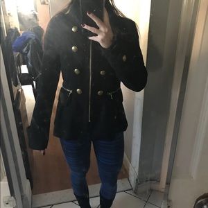 Express pea coat with zipper pockets and metal embellishments